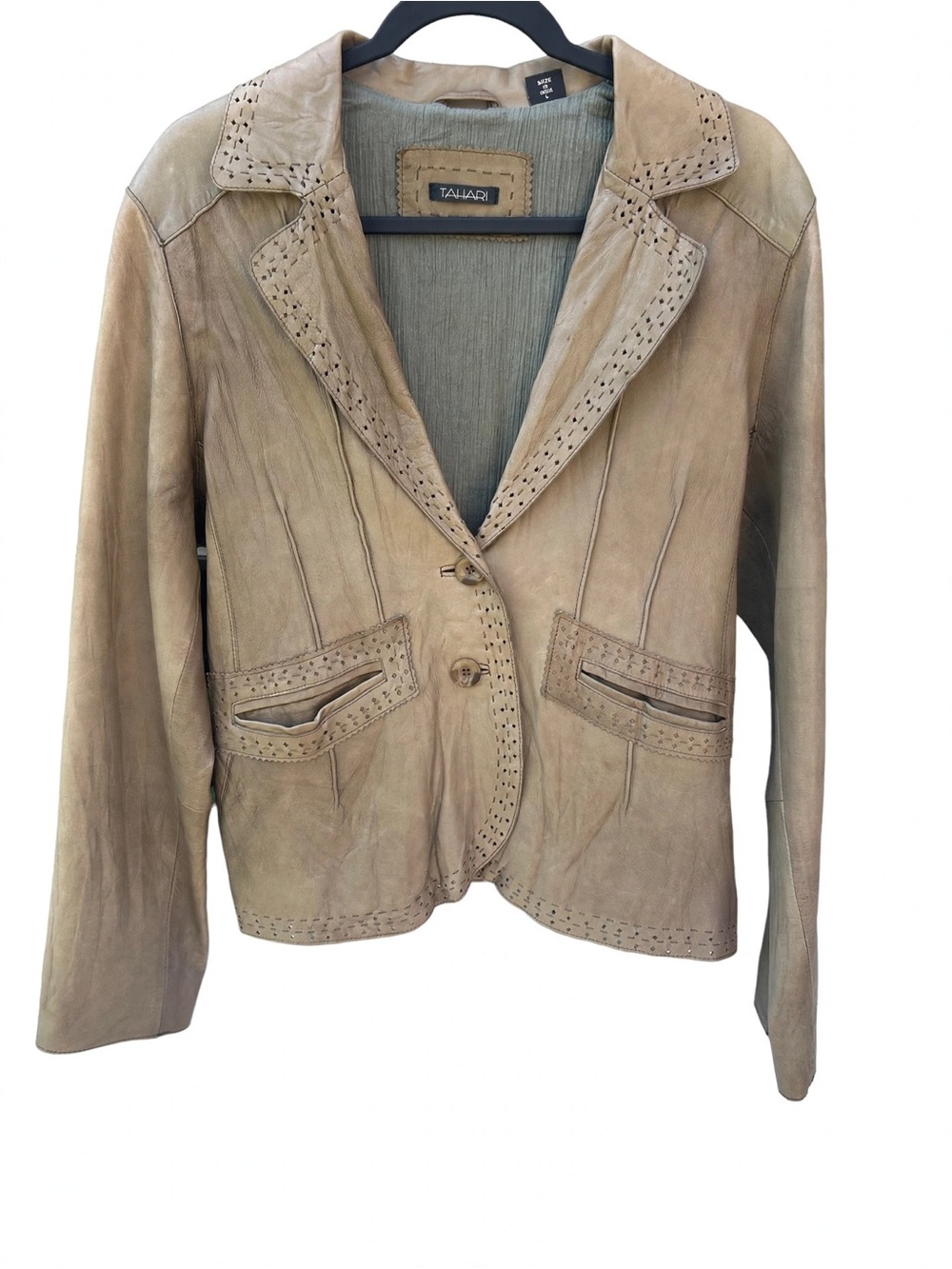 Tahari 100% Genuine Leather Blazer Jacket Size L Taupe Perforated Boho Chic